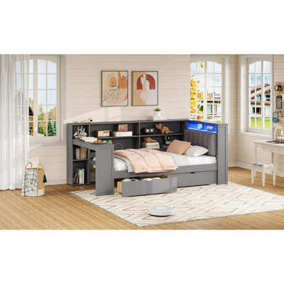 Wood Twin Size Platform Bed With Upholstered Headboard, Storage, Charging Station, Led Lights, Built - In Desk, Grey Shaded Style Storage Shelves, Drawers, Lights And Cushion