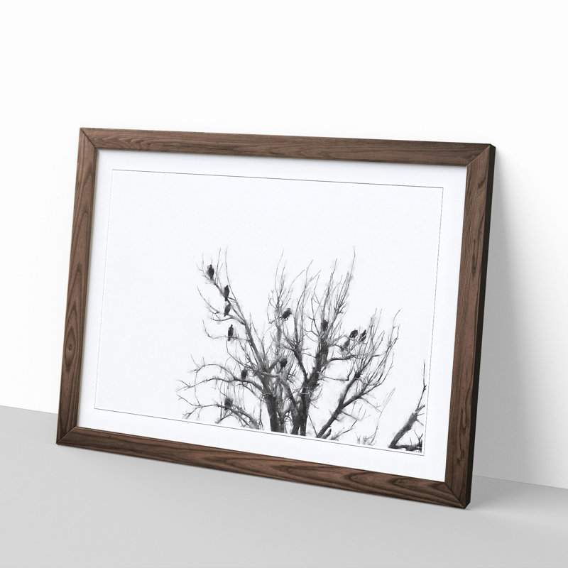 Birds In The Trees Painting - Single Picture Frame Print on MDF, 62cm H x 87cm W x 2cm D, Walnut