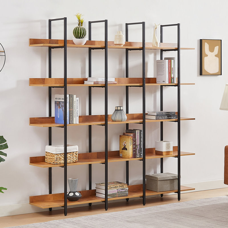 Bibliothèque à 5 niveaux avec bureau ouvert, (5 tablettes) H 70,9 po x l 11,8 po x P 70,9 po, Noir / brun