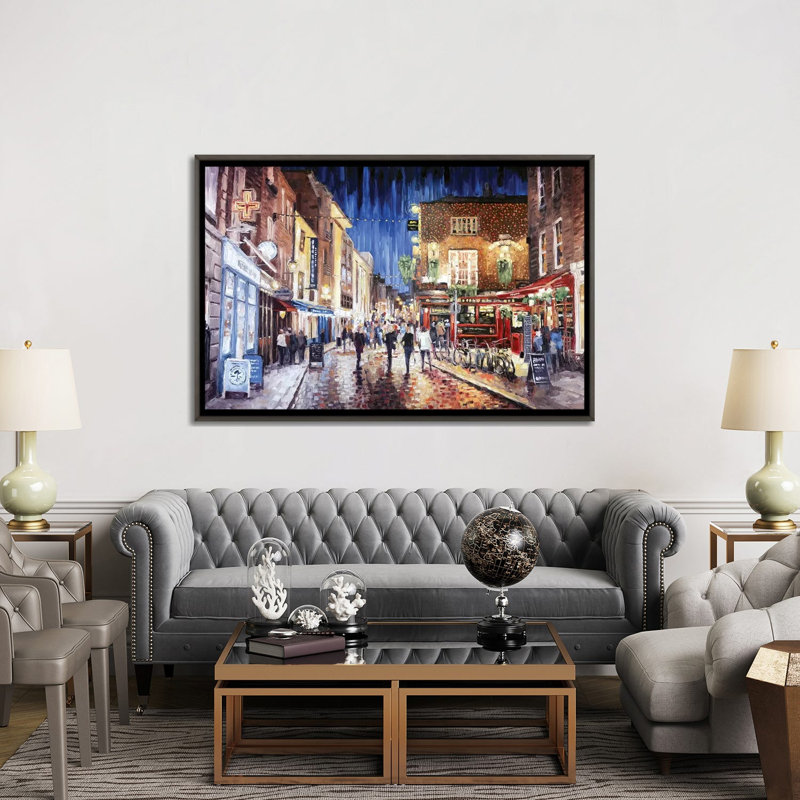 Temple Bar by Roger Disney - Painting Print, 40" H x 60" W x 1.5" D, Dark Rustic Wood Framed Canvas, No Matte