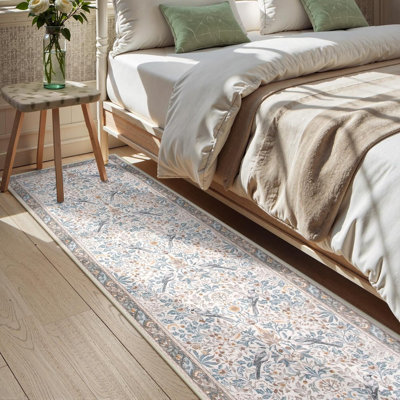 8ft Boho Floral Runner Rug, Non-Skid Washable Soft Botanical Carpet for Kitchen