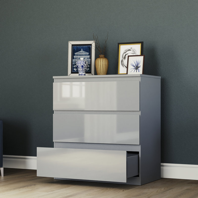 Oslo 3 Drawer High Gloss Chest, (FSC 100%) Bedroom Home Furniture, Grey