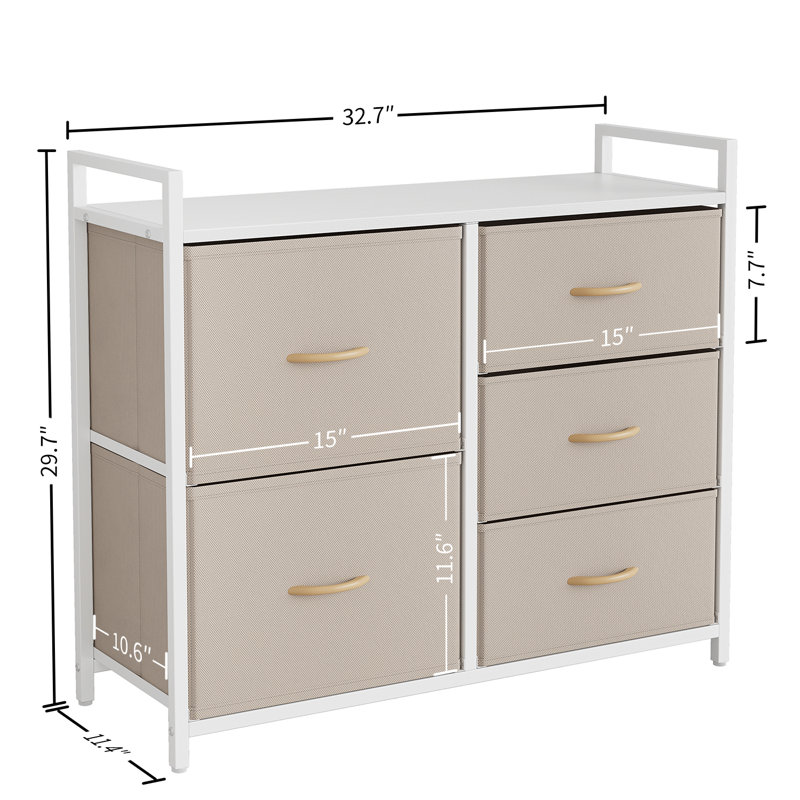 Commode 5 tiroirs en acier inoxydable 32,7 po Davinee, Grège / blanc