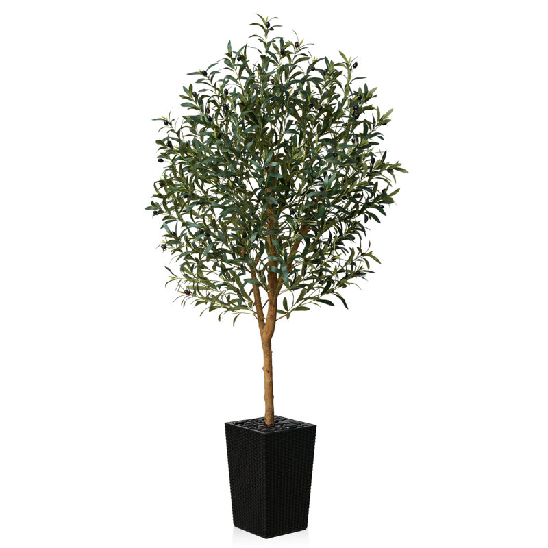 Adcock Artificial Olive Tree with Decorative Pot, UV Resistant Faux Olive Tree with Natural Trunk, Black