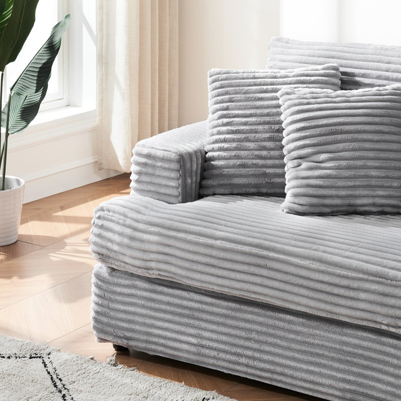 Spacious And Comfortable Corduroy Sofa With Four Matching Throw Pillows For Ultimate Modern Living Room Relaxation, Gray