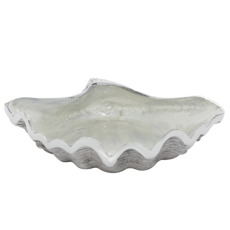 Ember Silver Shell Sea Life Serving Bowl with Enamel Interior 12" x 9" x 3", Silver