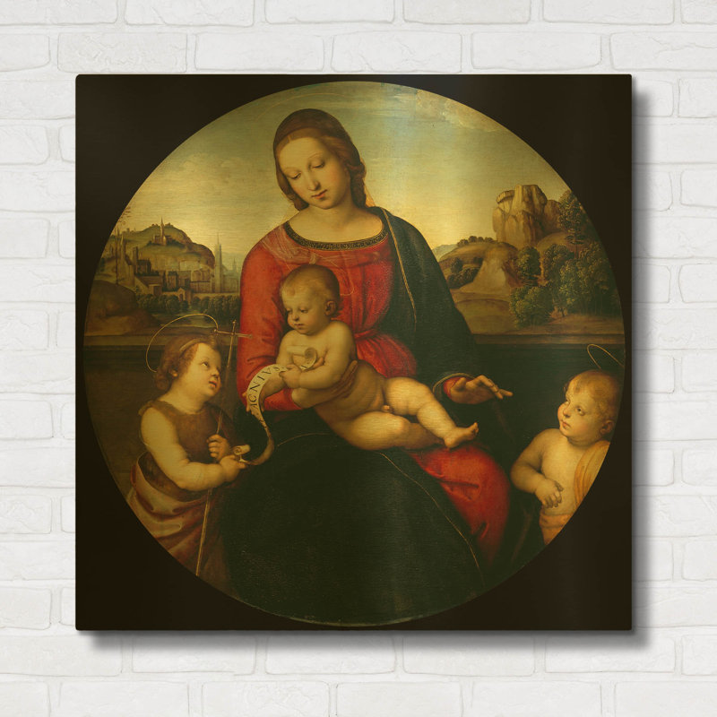 « Vierge à l'Enfant, saint Jean et un saint enfant », par Raphaël. Tableau mural en métal doré, 91,4 cm x 91,4 cm.