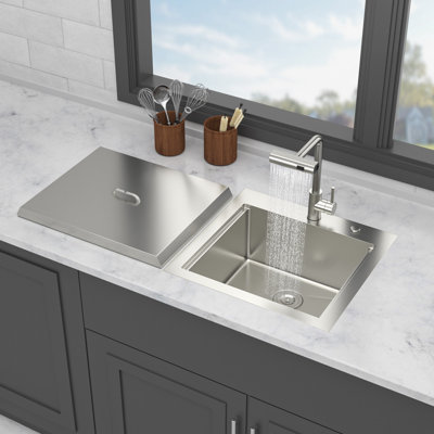 21 Inch Drop In Kitchen Sink With Pull-Out Faucet And Sink Cover - 21" X 20" X 9" Bar Prep Sink Stainless Steel 16 Gauge Workstation Sink Drop-In Topmount Single Bowl Kitchen Sink