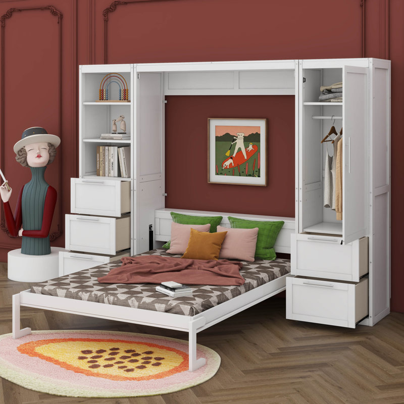 Grand lit escamotable mural avec garde-robe supplémentaire, Blanc
