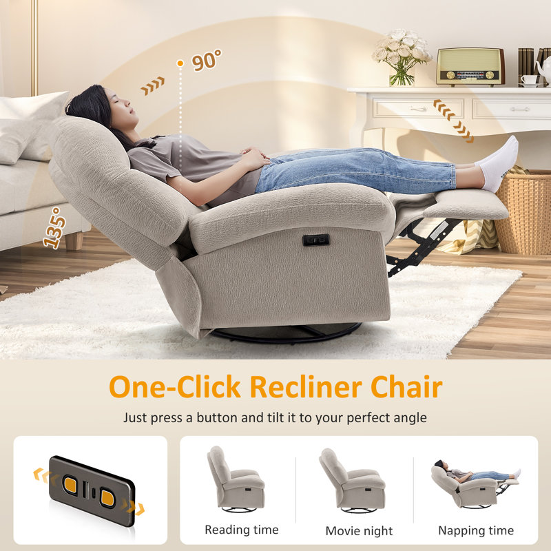 37.40'' Upholstered Swivel Power Recliner with USB Port, Camel