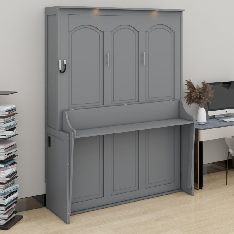 Lit escamotable avec bureau, lumières DEL et station de charge USB, gris