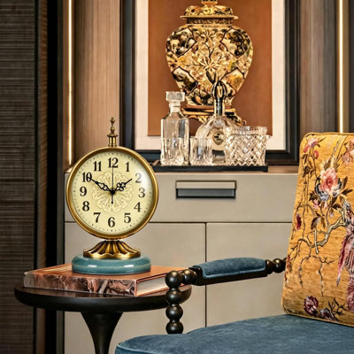 xiaojuande Vintage Gold Desk Clock with Teal Ceramic Base, 6.5" Round