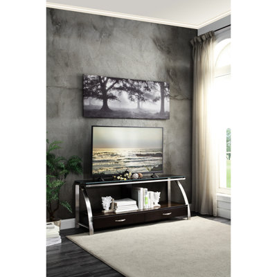 2-tone Tv Stand: Glass Top With And Stainless Steel Look Finish Stand Nickel Tone Pulls