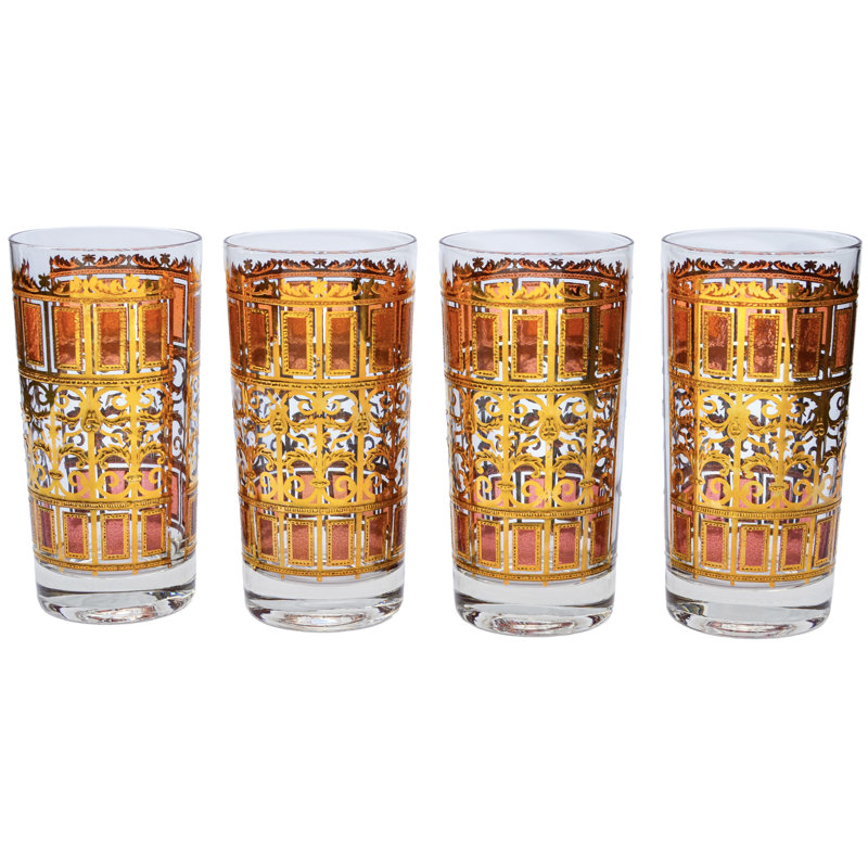 Mid 20th Century Golden Patterned Highball Culver Glasses- S/4