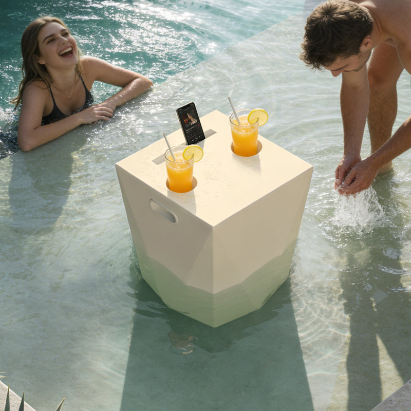 Assemble-Free Pool End Table, Side Table with 2 Cup Holders and 1 Tablet Holder for Outdoor, Beige