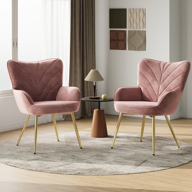 Plush Velvet Upholstered Armchair with Metal Legs, Pink