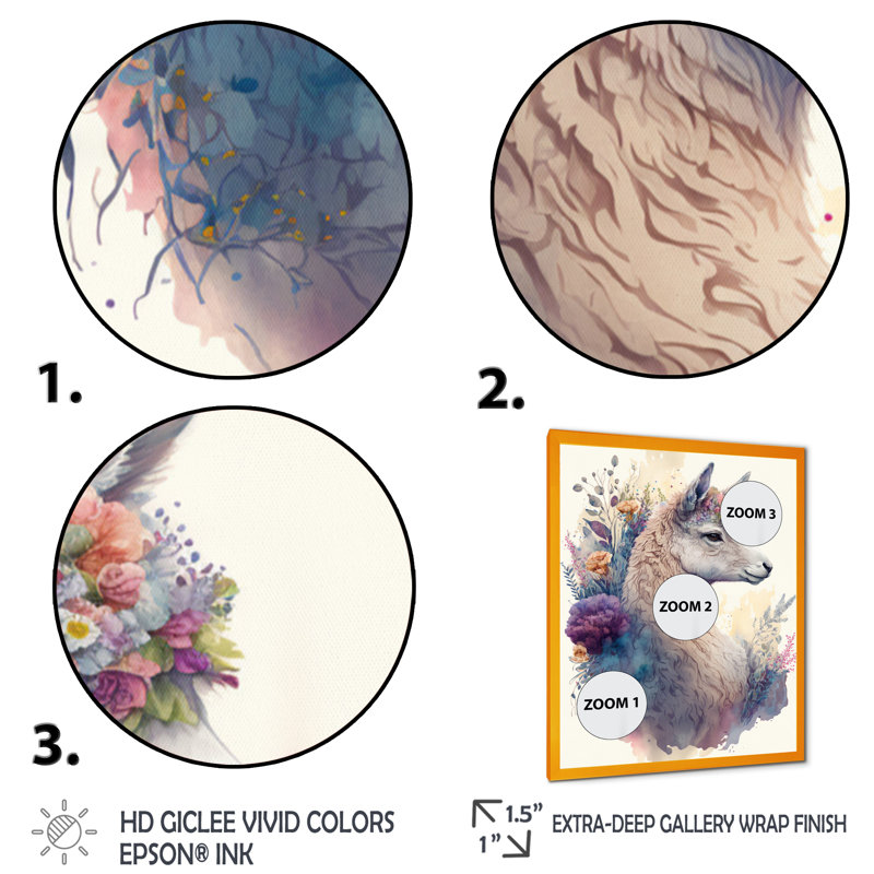 «Cute Llama Floral III», impression sur toile, Cadre photo doré, H 32 po x l 24 po x P 1 po
