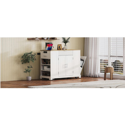 Wavy Kitchen Island with Storage Cabinet, with Power Outlets, Internal Shelves, 5 Rolling Kitchen Islands, with 3 Drawers, 3 Open Shelves, Suitable for 10 Gallon Trash Can, White