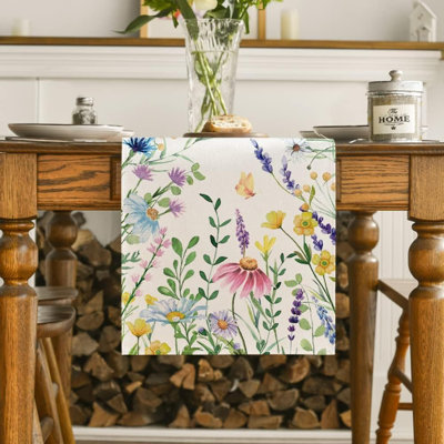 Daisy Eucalyptus Floral Leaves Summer Table Runner, Spring Kitchen Dining Table Decoration For Home Party Décor