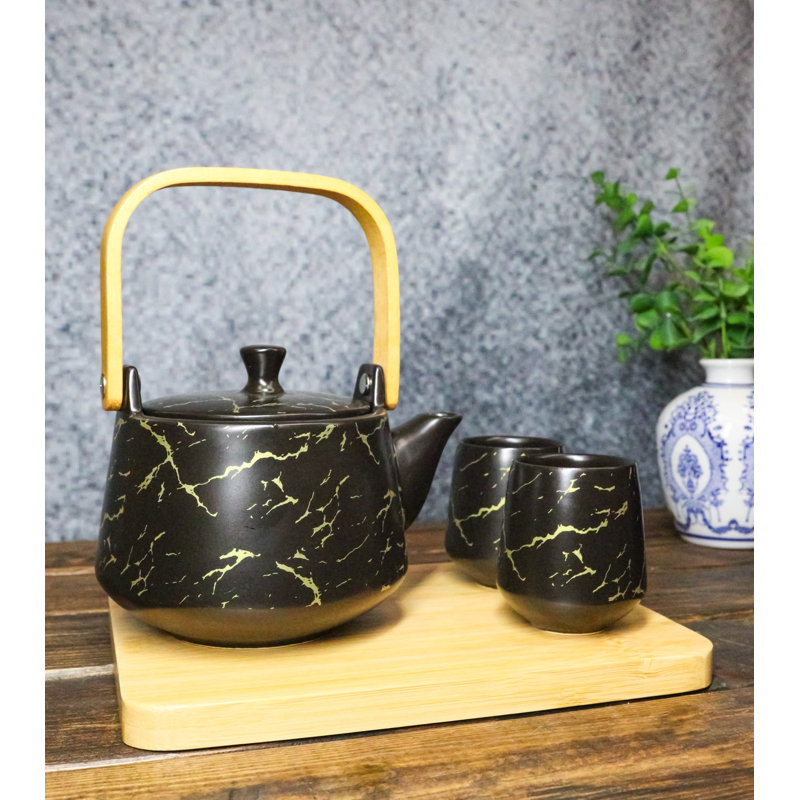 Ensemble de théière en porcelaine 22 oz et 2 tasses à thé avec plateau en bambou Black Marve, Black