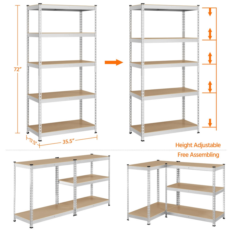 Lundys 5 Tiers Adjustable Metal Storage Shelving Heavy Duty Boltless Display, Silver