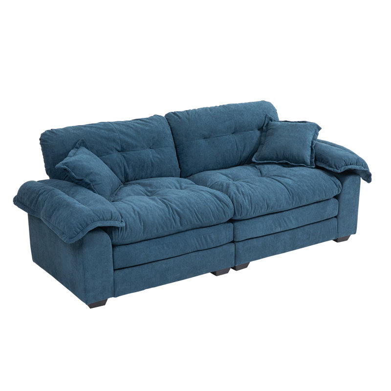 84" Chenille Sofa Small Sofa Loveseat Deep Seat Sofa Couch With 2 Throw Pillows & Memory Foam For Living Room Apartment Office Lounge-Blue