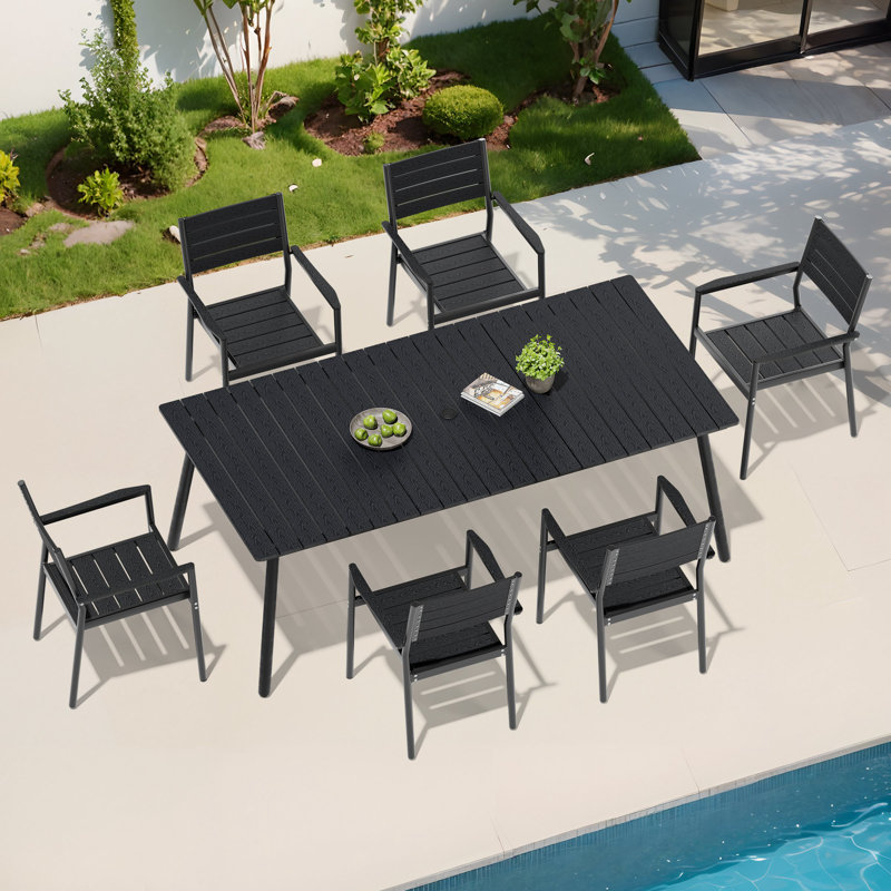 Ensemble de salle à manger pour l'extérieur 6 personnes L 82,48 po x L 40,55 po avec structure en aluminium, trou pour parasol et fauteuils