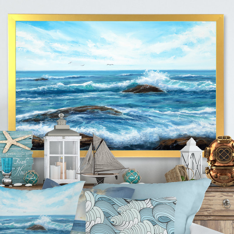 Waves at Ocean Sea Shore - reproduction d'art sur toile, H 16 po x l 32 po x P 1 po, Cadre photo doré