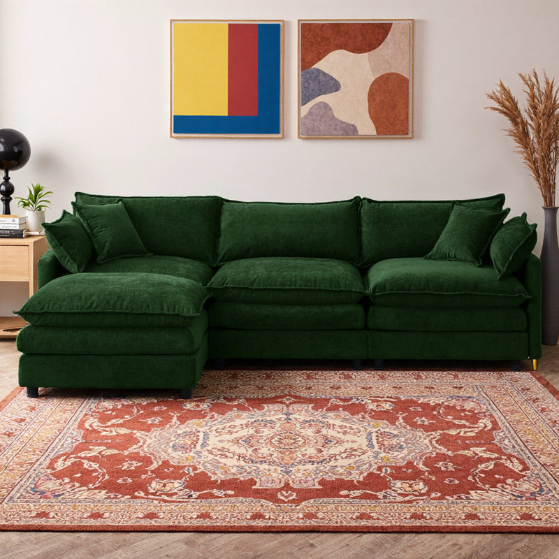 105" Modular Chenille Sectional Sofa 3-Seater L-Shape Couch with Ottoman Beige, Green