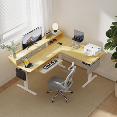 Bureau debout en L de 63 po à hauteur réglable avec 2 tiroirs et plateau à clavier, table de bureau électrique avec siège Comupter, bureau de jeu ergonomique en coin, chêne