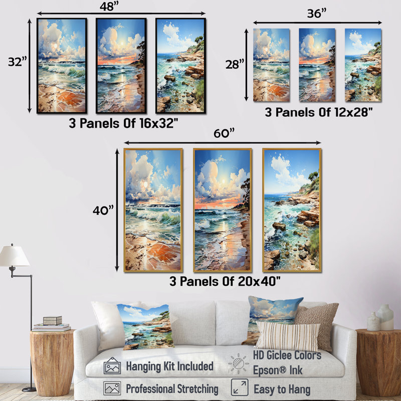 Coastal Tranquility Horizon - Ensemble de 3 décorations murales océan, Cadre flottant doré, H 32 po x l 48 po