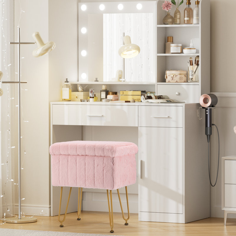 Lumina Makeup Vanity Desk and Stool Set with LED Lighted Mirror & Power Outlet & 3 Drawers, 1 Cabinets, White/Pink