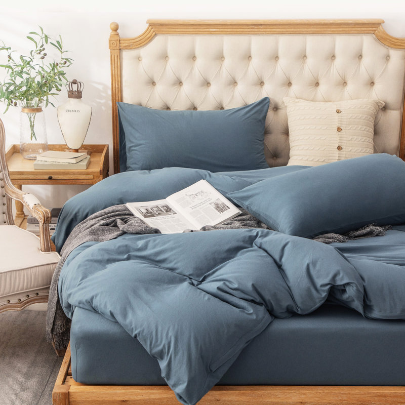 HOME BEDDING Jersey Cotton Duvet Cover Set, Cerulean Blue, Full Duvet Cover + 2 Standard Shams