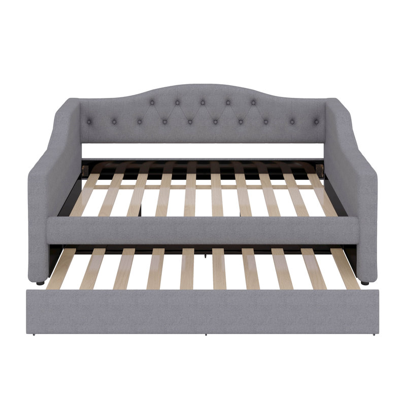 Daybed With Trundle And LED, Upholstered Linen Day Bed Frame With Tufted Button Backrest, Full XL, Gray