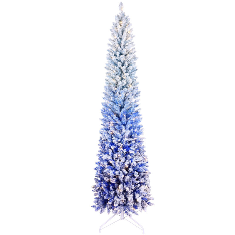 Sapin de Noël bleu dégradé en PVC de 2,13 m (7 pieds) avec lumières floquées bleues