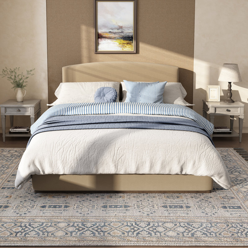 Modern Contemporary Velvet Upholstered Platform Bed with Curved Headboard and Solid Wood Base, Queen