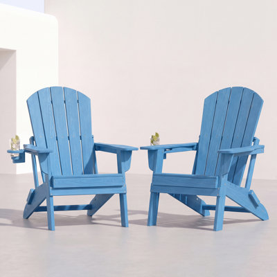 Set of 2 Folding Adirondack Chairs, Wood Texture, Cup Holder, All-Weather HDPE, Light Blue