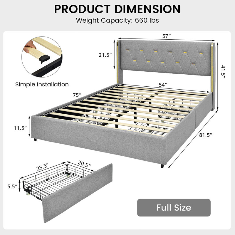 Thaxted Upholstered Metal Platform Storage Bed, Silver, Full