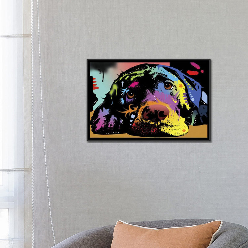 « Lying Lab » par Dean Russo, impression sur toile tendue, H 40 po x l 60 po x P 1,5 po, Toile tendue