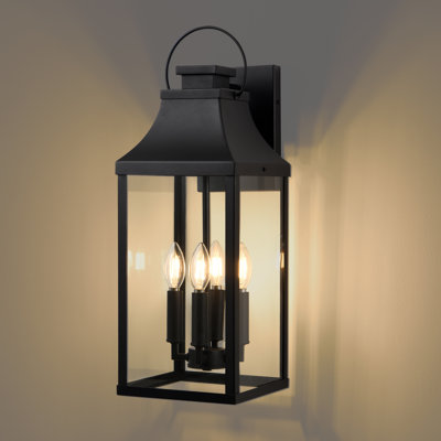 Lanterne murale d'extérieur noire 4 lumières H 22,6 po, applique murale industrielle moderne avec verre trempé, éclairage extérieur imperméable pour porche, patio, porte d'entrée