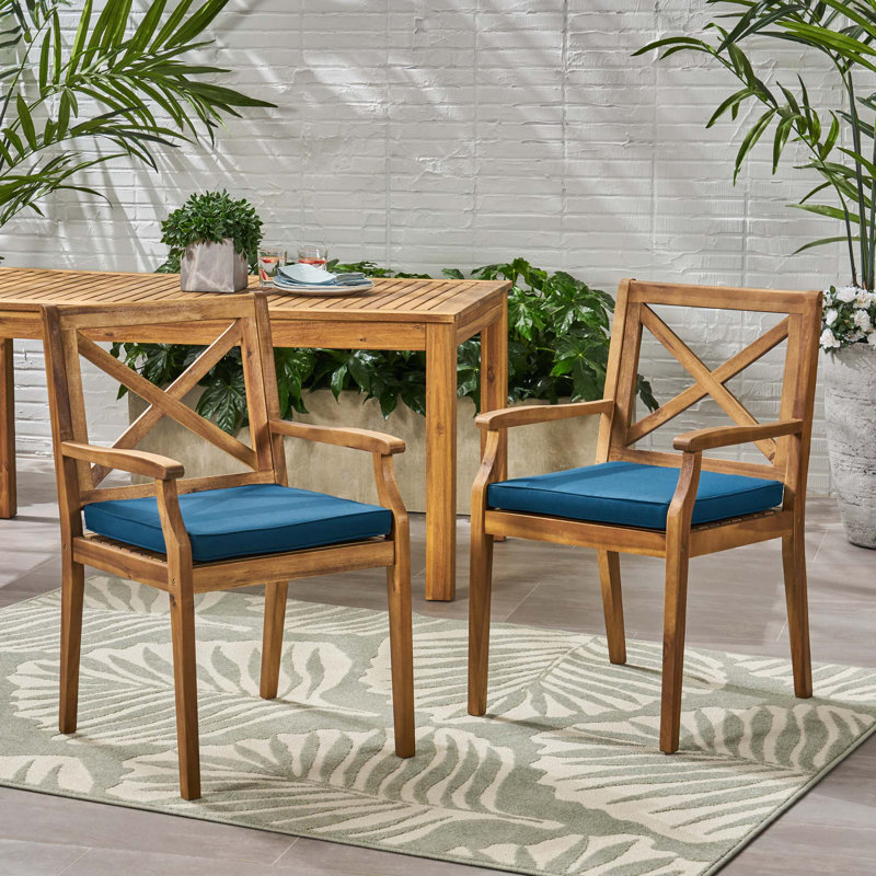 Chaise de salle à manger Perla, 2 pièces avec 2 coussins, pour la cour, le bord de la piscine, le jardin, Bois, Bleu