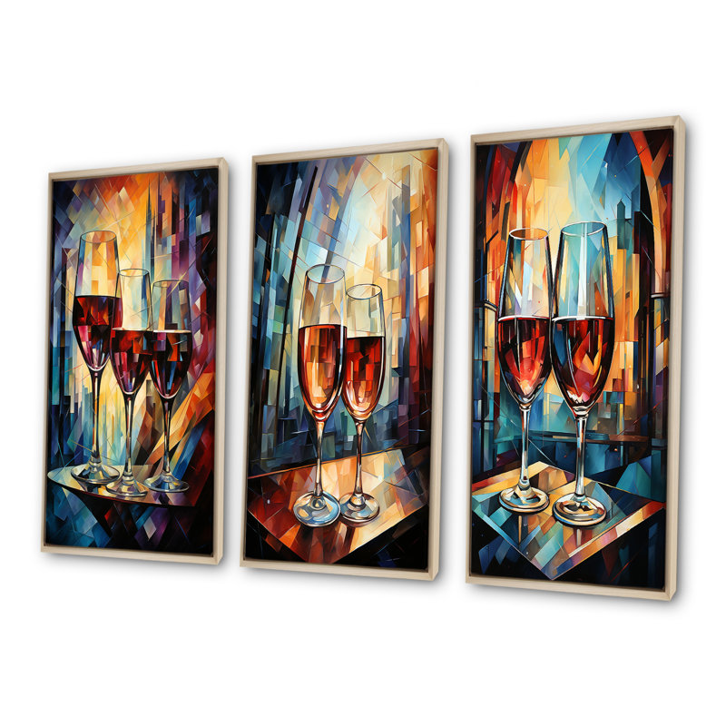 Toast Reflections - Ensemble de 3 décorations murales vin et champagne, Cadre flottant brun, H 40 po x l 60 po