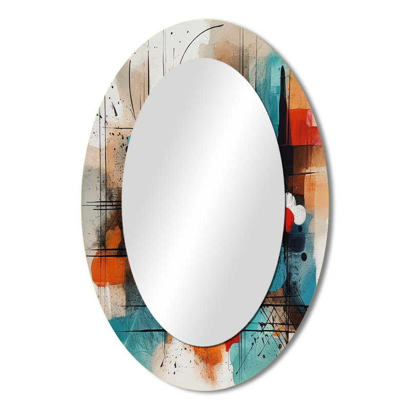 Orange Abstracted Geometric Explorations III - Large Oval Wall Mirror On Metal, 36" x 24"