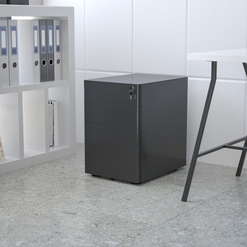 Modern 3-Drawer Mobile Locking Filing Cabinet with Anti-Tilt Mechanism and Hanging Drawer, Black