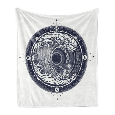 Ambesonne Compass Fleece Throw Blanket Sea Navigation Big Wave Night Blue White