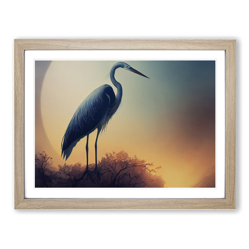 Blooming Heron Bird - Framed Print, 34cm H x 46cm W x 2cm D, Oak