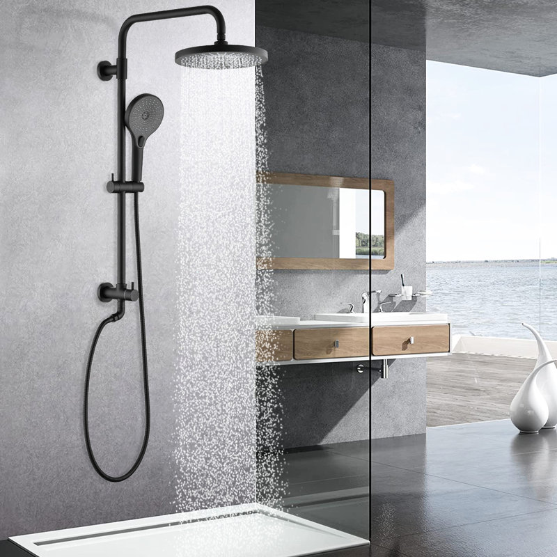 Système de douche noir mat avec douchette à main de 8 po à 3 réglages, barre coulissante à hauteur réglable, bec verseur pivotant, bec flexible de 59 po, fixation murale et à rayures de tous les jours, réglable à 360 °,