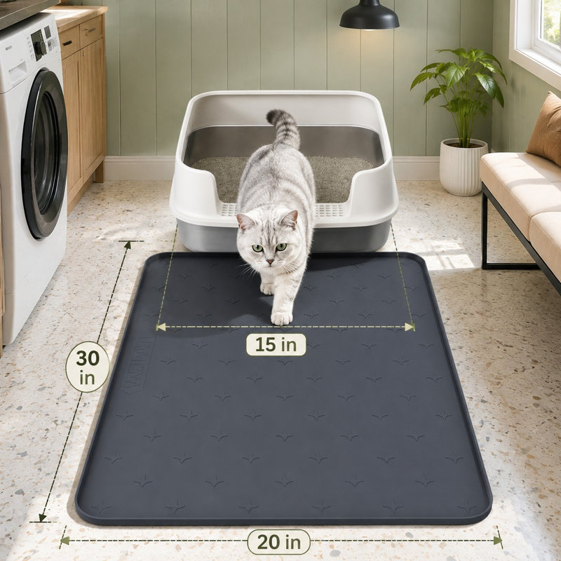 Dark gray 30 x 20 in waterproof silicone tray for use as a cat litter mat or dog food mat; raised edges accommodate pet bowls and litter boxes and help contain water, food, and litter to protect floors, with an easy-clean surface.