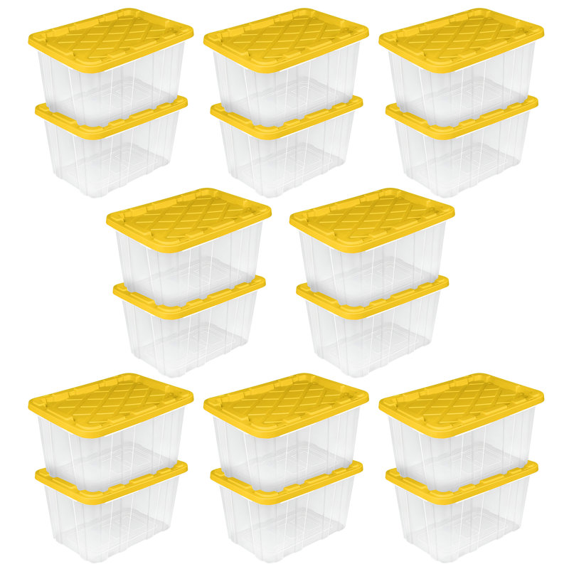 Sterilite 17 Gallon Industrial Stackable Storage Tote Lidded Containers, 6 Pack, 27 Gallon, 16 Pack, Clear/Yellow