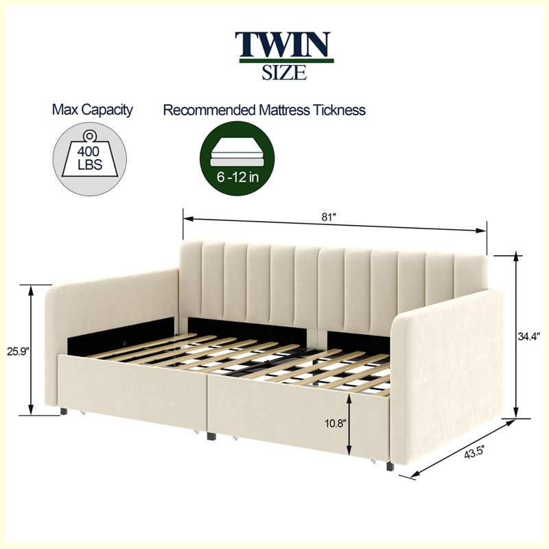 Lit de jour moderne avec 2 tiroirs, Beige